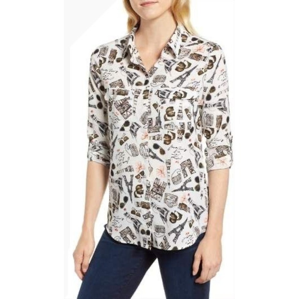 Karl Lagerfeld Paris Womens Eiffel Tower Print Roll Tab Button Down Shirt M